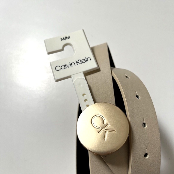 NWT Original CALVIN KLEIN Disk Medallion Belt Gold Buckle Taupe Cream Size M main image 7